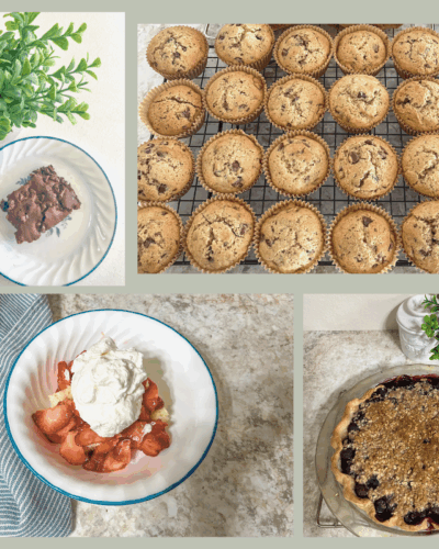 brownie, chocolate chip muffins, strawberry shortcake, blueberry pie