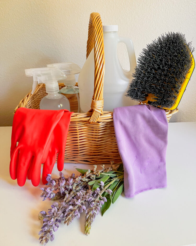 Basket of natural cleaners in glass spray bottles, rubber gloves, scrub brush, and purple cleaning rag