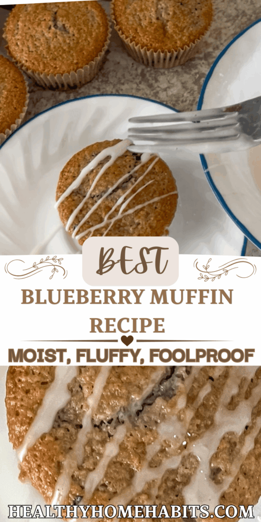 Picture has two images on top and bottom with text in between. Image on top is a blueberry muffin on white plate being drizzled with powdered sugar glaze surrounded by other blueberry muffins on neutral colored kitchen countertop. Image on bottom is a close up of blueberry muffin drizzles with powdered sugar glaze.