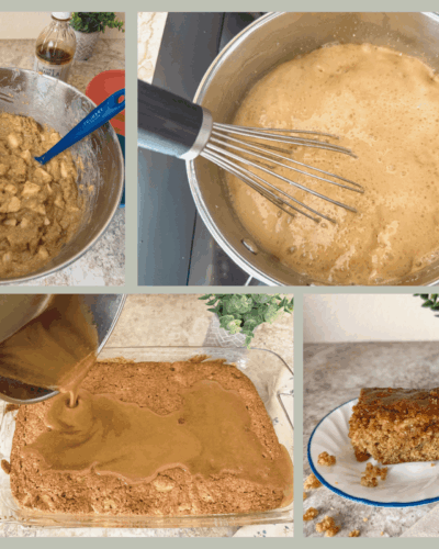 apple cake batter, sauce, and finished product