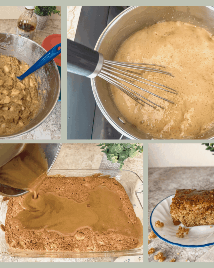 apple cake batter, sauce, and finished product