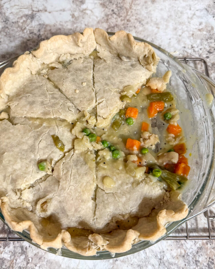 GF DF chicken pot pie half eaten
