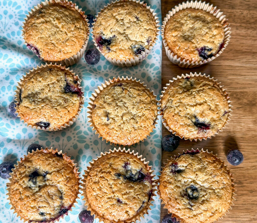 Einkorn flour blueberry muffins on a wooden table, arranged on a turquoise and white patterned placemat with fresh blueberries scattered around for a rustic, homemade look